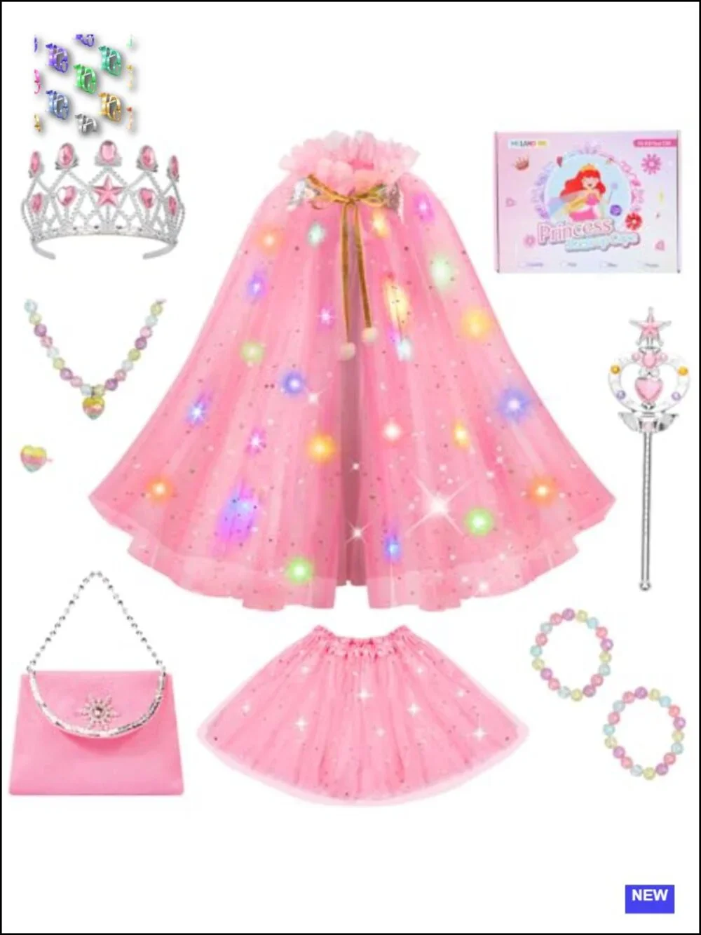 Girls Princess Cape & Tutu Dress Up Set with Light-Up Crown Wand Necklace